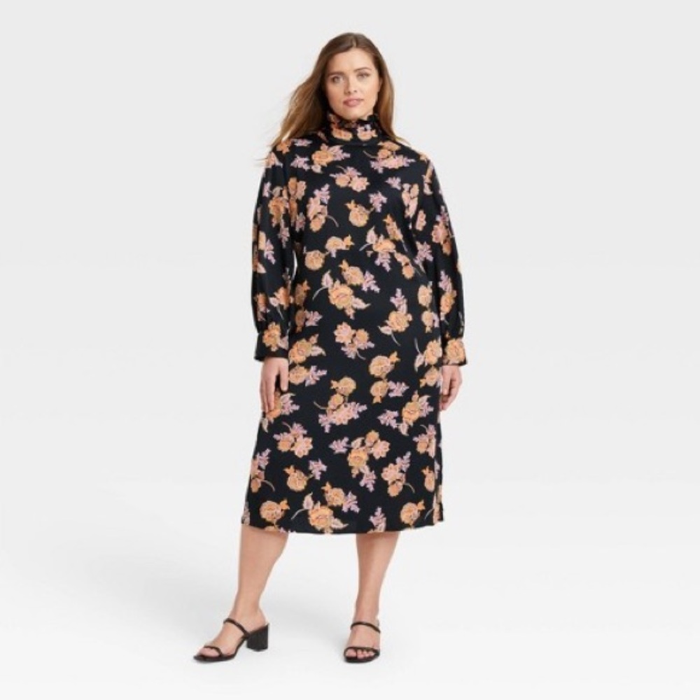 Who What Wear Boho Floral Balloon Sleeve Cotton Midi Dress Plus Size XXL